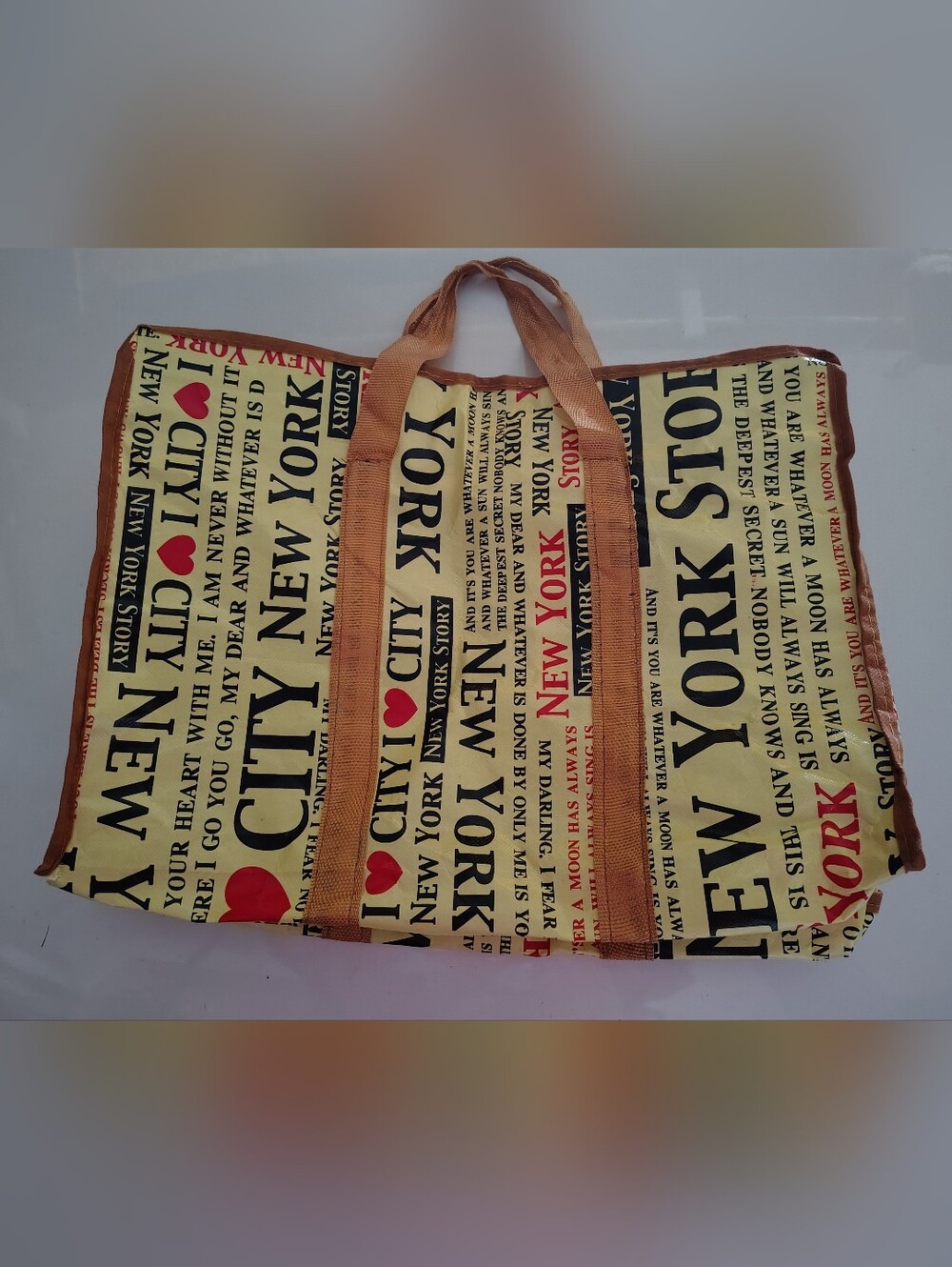 New York Print Canvas Travel Tote Bag in Cream and Brown
